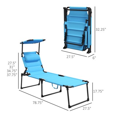 TiramisuBest Set of 2 Adjustable Folding Chaise Lounges w/ Cushioned Seat, Sunshade & Headrest for Beach/Camping/Hiking (Light Blue)