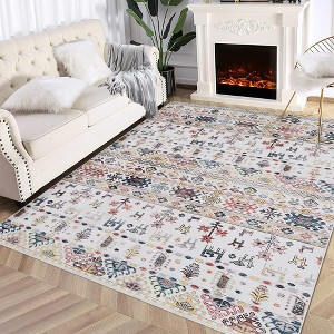 Boho Area Rug Washable Rug Moroccan Living Room Rug Non-Shedding Print Floor Carpet Soft Abstract Carpet, 8' x 10' Beige - 1 of 4