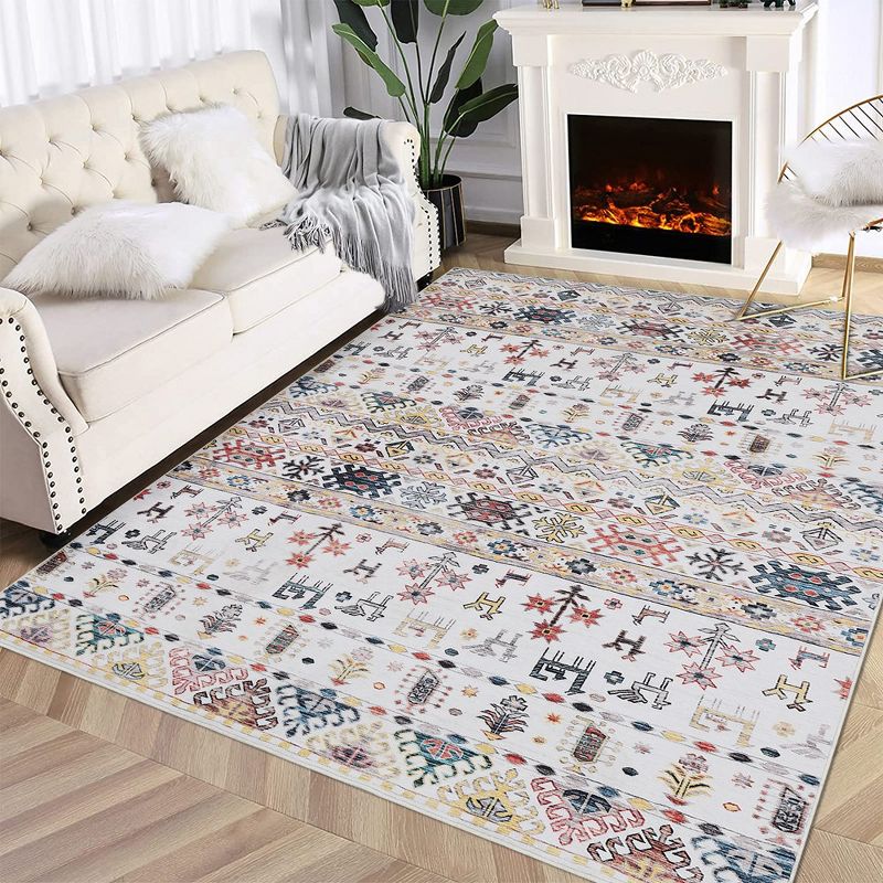 Boho Area Rug Washable Rug Moroccan Living Room Rug Non-Shedding Print Floor Carpet Soft Abstract Carpet, Beige, 2 of 10