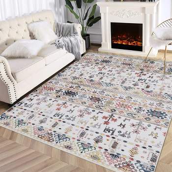 Boho Area Rug Washable Rug Moroccan Living Room Rug Non-Shedding Print Floor Carpet Soft Abstract Carpet, Beige