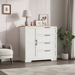 Wooden wardrobe with 4 drawers and doors, bedroom closet, clothing storage, includes hanging rod, suitable for bedrooms - 1 of 4