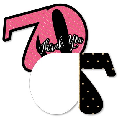 Big Dot of Happiness Chic 70th Birthday - Pink, Black & Gold - Shaped Thank You Cards - Birthday Party Thank You Note Cards with Envelopes - Set of 12