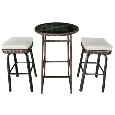 Costway 3 PCS Outdoor Swivel Bar Set with 2 Chairs, Tempered Glass Top, Soft Cushions