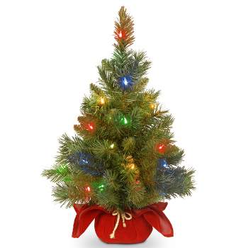2ft National Tree Company Pre-Lit Majestic Spruce Artificial Tree in Burgundy Cloth Bag with 35 Multicolored Battery Operated LED Lights