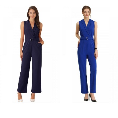 INSPIRE CHIC Women's Casual Sleeveless Shawl Collar Office Belted Cropped Jumpsuit 2 Packs