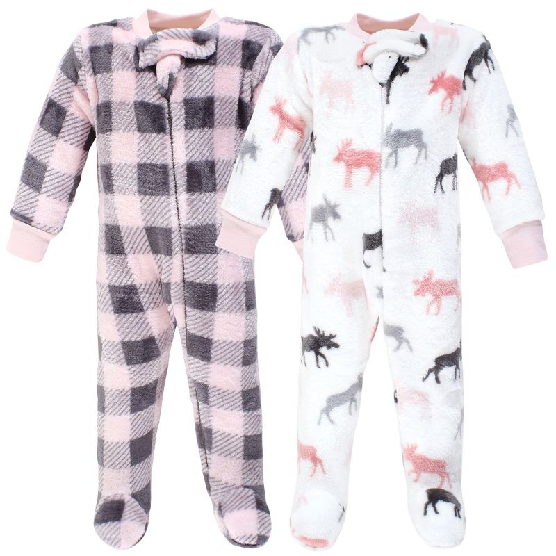 Hudson Baby Infant Girl Plush Sleep and Play, Pink Moose, 1 of 6
