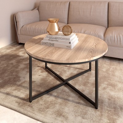 DOMETOUR Modern Round Coffee Table for Living Room Small Spaces, Stable Durable Easy Assembly Metal Frame Wood Center Table