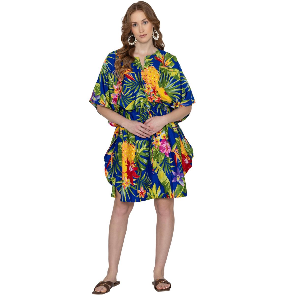 LA LEELA Summer Rayon Blend Cruise Cover Up Dress for Women Resortwear Vacation Holiday Pregnancy Wear Beach Style 2X-3X Blue Leaf