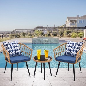 Patti 3-Piece PE Rattan Patio Small Space Chat Set, Bistro Set with Side Table and Cushions, Outdoor Furniture - Maison Boucle - 1 of 4