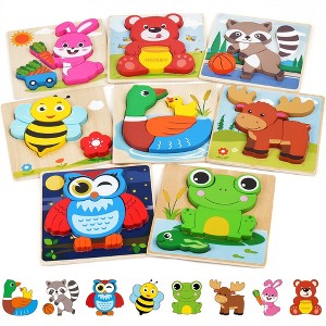 BenBen Wooden Puzzles for Kids 1- 4, 8 Pack Animal Puzzles for Toddlers - 1 of 4