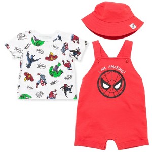 Marvel Avengers Hulk Captain America Thor Baby French Terry Short Overalls T-Shirt & Hat 3 Pcs Outfit Set Newborn to Infant - 1 of 4