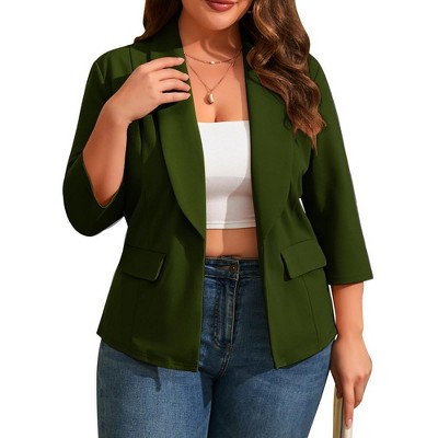 MISSKY Womens Plus Size Casual Blazer Office 3/4 Sleeve Open Front Cardigans Jacket Work Suit with Pockets