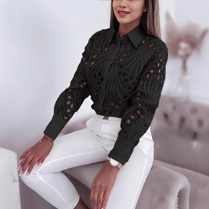 Coolmee Women's Casual Lace Blouse Long Sleeve Button Down Shirts Tops  Dressy Spring Summer Shirts Black M