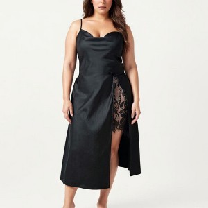 Anna-Kaci Lounge Women's Plus Size Satin Wrap Nightgown with Lace Trim Adjustable Spaghetti Straps Side Tie Midi Length Sleepwear Dress - 1X, Black