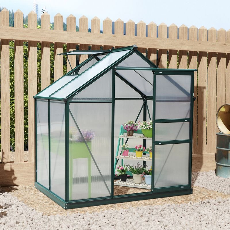 Outsunny 6' x 4' x 7' Polycarbonate Greenhouse, Heavy Duty Outdoor Aluminum Walk-in Green House Kit with Vent & Door for Backyard Garden, Green, 3 of 13