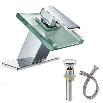 BWE Glass Spout Waterfall Single Hole Single Handle Bathroom Sink Faucet With Pop Up Drain