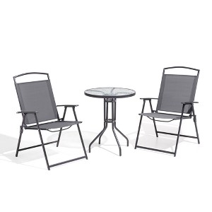 Pellebant 3PCS Patio Dinning Set Outdoor Bistro Set 2 Folding Chairs with Round Textured Tempered Glass Tabletop Dining Table - 1 of 4
