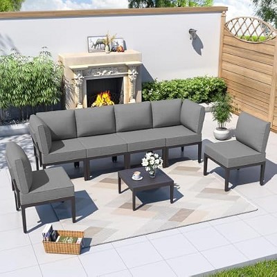 ALAULM Metal Patio Furniture Set Modern Metal Outdoor Conversation Sets w/45in Propane Fire Pit Table, Patio Sectional Sofa w/5 Inch Cushion