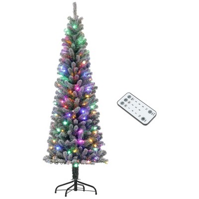 HOMCOM 6 ft Pre-Lit Pencil Christmas Tree, Artificial Flocked Xmas Tree with 170 Dual Color LED Lights, 429 Tips and Metal Stand, Green