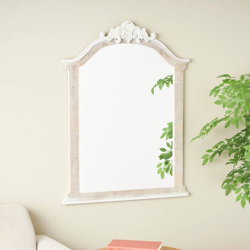 Olivia &#38; May 37&#34;x28&#34; Wooden Arched Scroll Wall Mirror with Brown Distressing Cream, 3 of 9