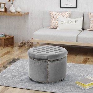 GDFStudio Hempstead Contemporary Round Tufted Velvet Ottoman with Nailhead Trim - 1 of 4
