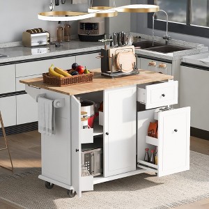 53.9" Kitchen Island with Drop Leaf, Kitchen Island Cart with Internal Storage Shelves and 3-Tier Pull-Out Cabinet Organizer - ModernLuxe - 1 of 4