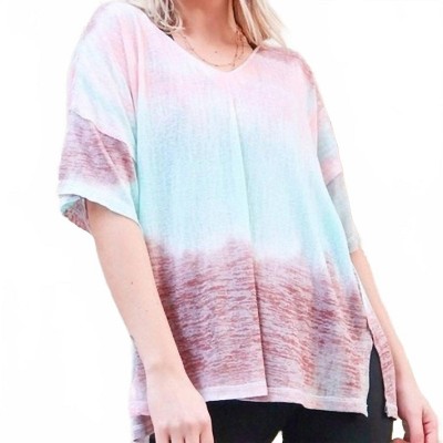Women's Cotton Blend Tie Dye V Neck Distressed Casual Top - And The Why L