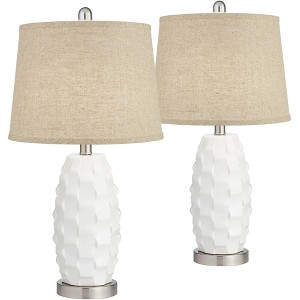 360 Lighting Modern Coastal Table Lamps 24 1/2" High Set of 2 White Ceramic LED Burlap Drum Shade for Bedroom Living Room House Bedside Nightstand - 1 of 4