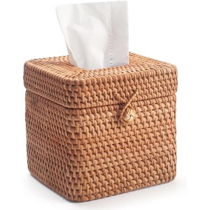Natural Woven Rattan Tissue Box Cover with Lid, Square 5.7x5.7x5.5 Inch Facial Napkin Holder for Home Decor - 1 of 4