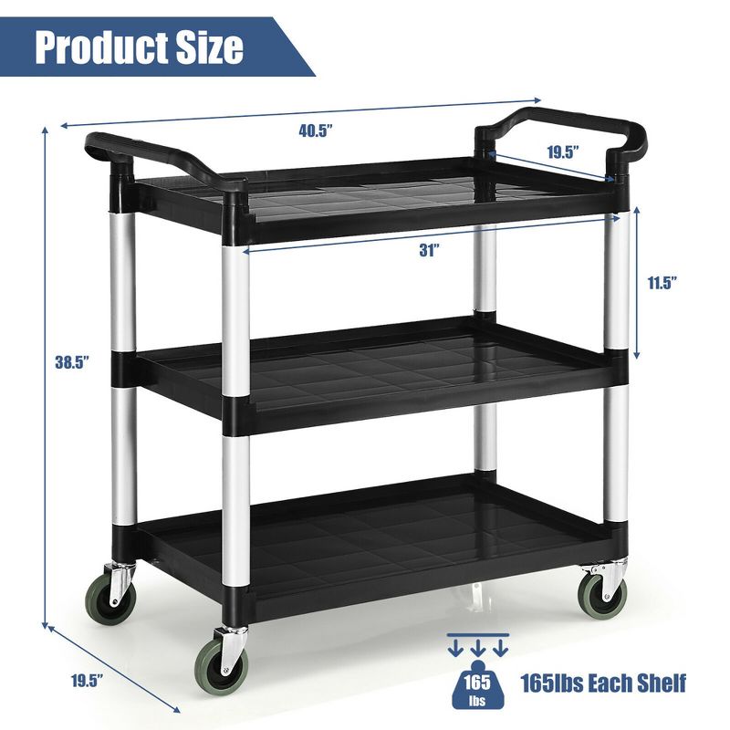 Costway 3-Shelf Utility Service Cart Aluminum Frame 490lbs Capacity w/ Casters, 2 of 10