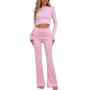 cheibear Women's Long Sleeve Crop Top with Foldover Flare Pants 2 Piece Pajama Set - 1 of 4