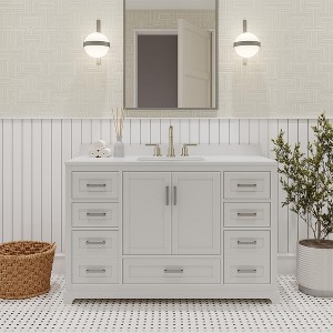 Maya Solid Wood Bathroom Vanity with Quartz Countertop - Handcrafted Luxury Vanity for Modern Homes with 3 Pre Drilled Faucet Holes - 1 of 4