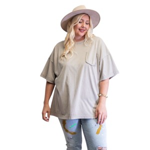 Slickblue Women's Plus Size Cotton Tunic Top, Boxy Fit, Mineral Wash, Round Neck, Light Mustard/Light Mudd, Size 1XL-3XL - 1 of 4