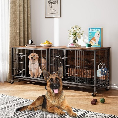 Dog Crate Furniture, 38.6" Wooden Dog Kennel with Wheels & Double Doors, Indoor Dog Crate House for Large Medium Dogs