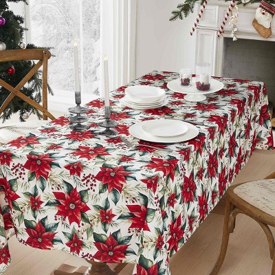 Ivory and Red Poinsettia Polyester Christmas Tablecloth, 60" x 84"