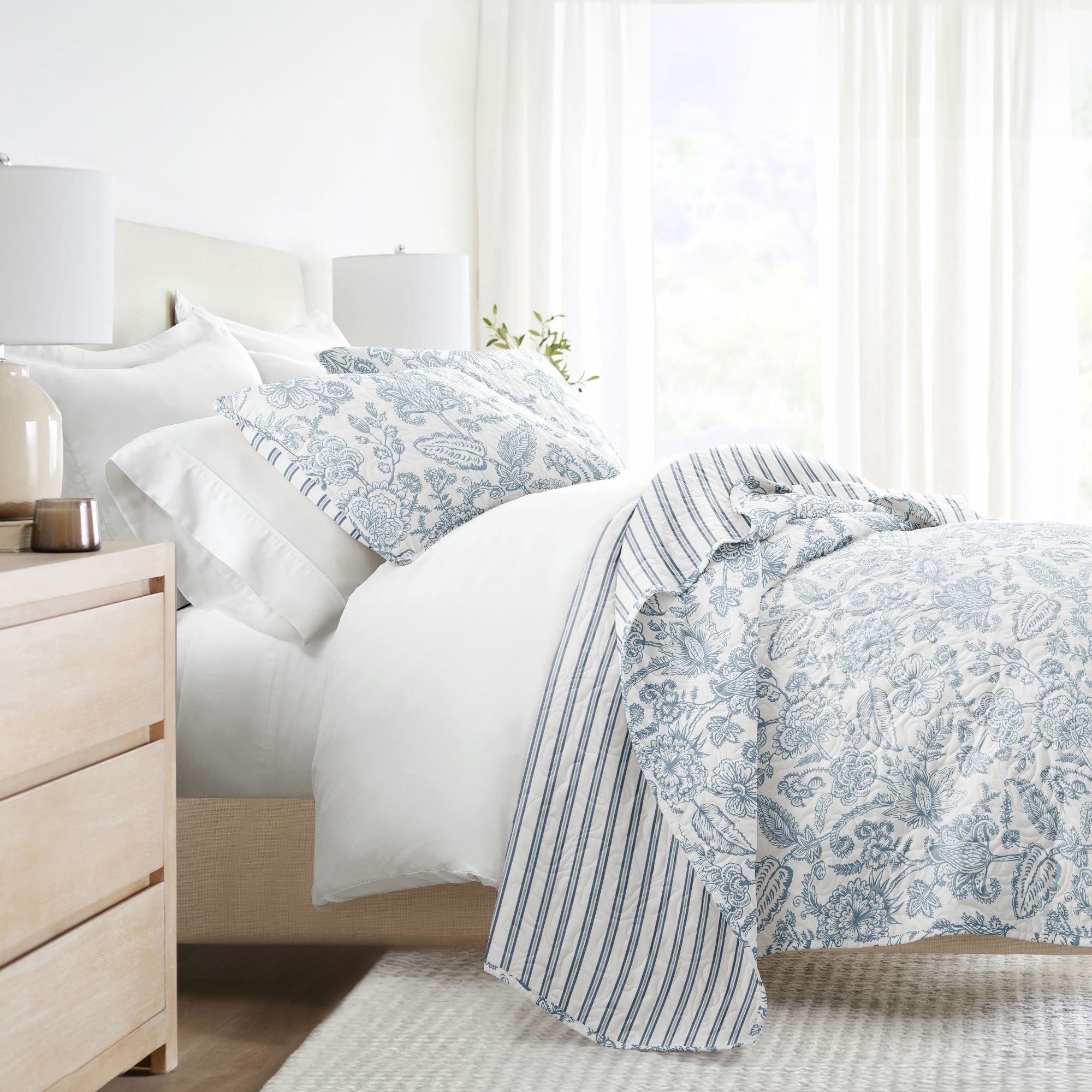 Geometric and Floral Modern Reversible Quilt and Shams Set - Becky Cameron, Jacobean Stripe / Dusk Blue, Full/Queen