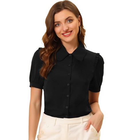 Cotton Shirt with Peter Pan Collar - Black - Ladies