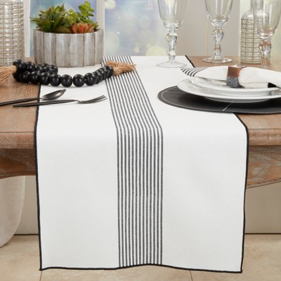 Rustic White Cotton Striped Table Runner with Black Trim, 16"x72"