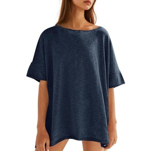 Imily Bela Womens Oversized Casual Summer Crew Neck Loose Dropped Short Sleeve Side Slit Hem Tunic Blouse Light - 1 of 4