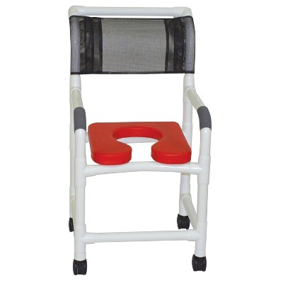 MJM International Corporation Shower chair 18 inches internal width 3 inches twin casters RED open front soft seat 300 lbs weight capacity