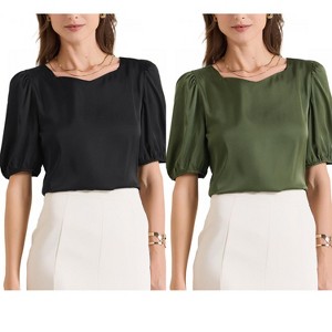 INSPIRE CHIC Women's Work Elegant Sweetheart Neck Half Puff Sleeve Office Work Satin Blouse 2 Packs - 1 of 4