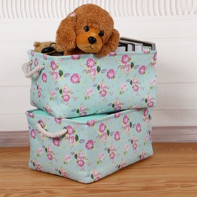 2 Pcs 15.7 x 11.8 x 8.3 Inch Cotton Foldable Floral Pattern Storage Bin Box Blue  - PiccoCasa