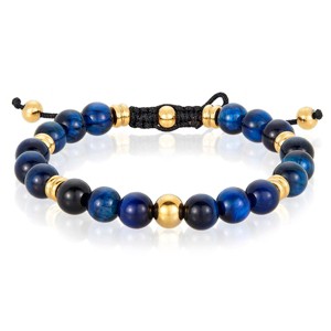 Crucible Men's Blue Tiger Eye Stone and Gold Plated Steel Bead Adjustable Bracelet (8mm) - 1 of 4