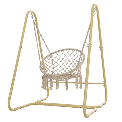 Boho Style Handmade Macrame Hanging Swing Chair with Stand, Hammock Chair for Indoor & Outdoor Relaxation