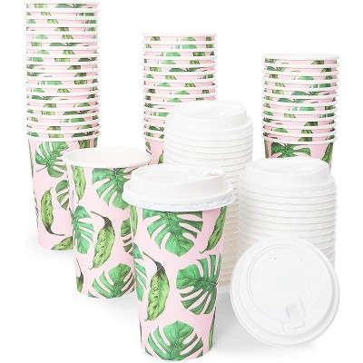 Blue Panda 48 Pack Insulated 16 oz Disposable Paper Coffee Cups with Lids, Tropical Palm Leaf Party Supplies