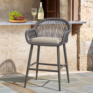 Arceso Outdoor Bar Stools, 26.8" H Rattan Outdoor Counter Height Bar Stools, Woven Rope Backrest & Armrest Patio Bar Chairs with Aluminum Legs - 1 of 4