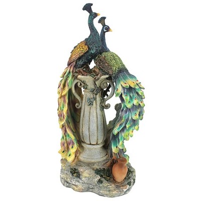 Hand-Painted Resin Peacock Statue with Urn, 22.4" Tall