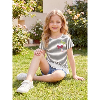 INSPIRE CHIC Girls Striped Summer Tops Cotton Short Sleeve Crewneck Ruffle Hem T-Shirts Medium White Black — фото 3