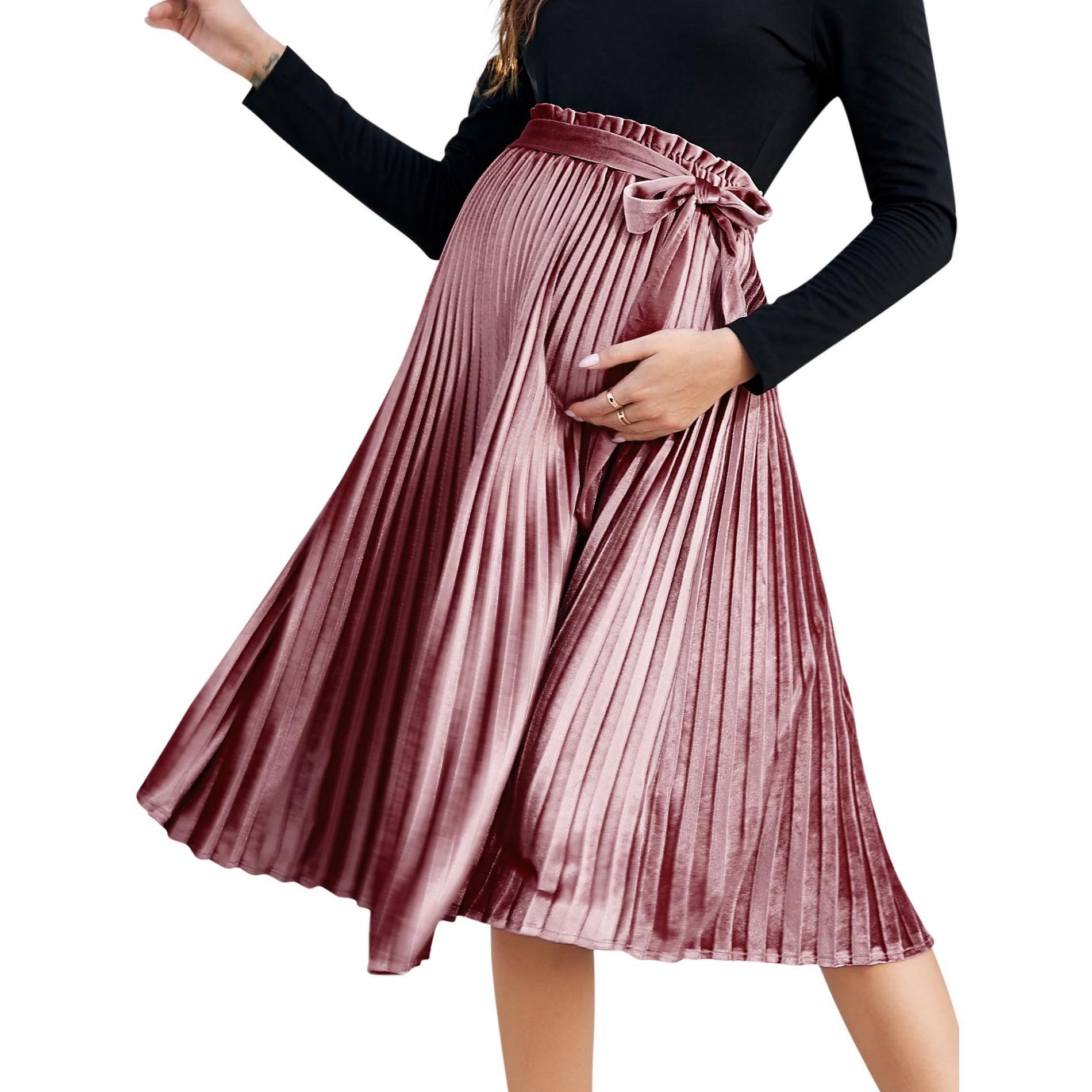Women's Elegant High Waist Skirt Tie Front Pleated Maxi Skirts