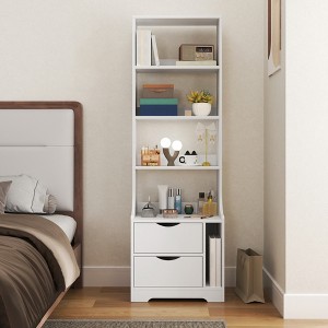 4 Tier Tall Bookshelf, 58" Bedside Table with Storage & 2 Drawer, Open Display Rack, Side Table with Bookcase for Bedroom Living Room Office - 1 of 4